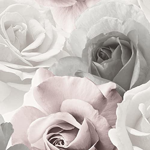 SOPHIE LAURENCE Pink Grey White Floral Wallpaper - Paste The Paper Roses Flowers Wallpaper - Solid Thick Heavy Duty Designer Wallpaper for Living Room