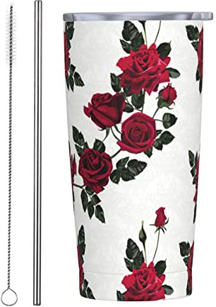 Gobelet isotherme Fleur de rose rouge Floral Goth 20 OZ avec couvercles et paille Tasse sous vide en acier inoxydable Tasse de voyage étanche à l'eau de café pour la maison, le bureau, l'école