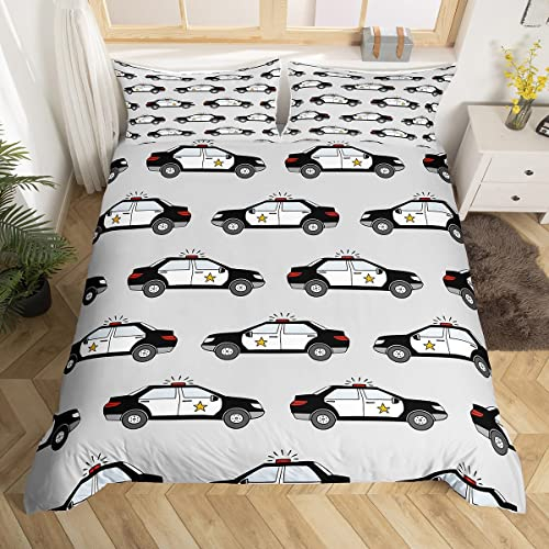 Kinder Polizei Auto Bettbezug 135x200 Cartoon Auto Bettwäsche Set,Schwarz Weiß Grau Kleinkind Polizei Auto Tröster Abdeckung,Nette Auto Thema Bettwäsche Zimmer Dekorationen (Reißverschluss Verschluss)