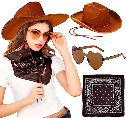 JeVenis Braun Cowboy Hut Damen Partybrille Accessoires Cowgirl Hut Cowboy Hut für Erwachsene Rodeo Reiter Wilder Westen Kostü Karneval Mottoparty