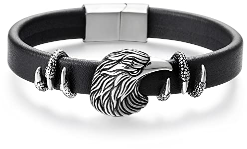 Herren Edelstahl Adler Kopf und Klaue Armband Schwarz Lederarmband Schweißband