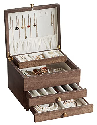 Homruilink Joyero Nogal Negro 3 Niveles Multicajón Gran Capacidad | Forro De Terciopelo Suave, Espacios Separados Para Relojes, Cadenas, Anillos Y Aretes, Regalo Para Mujer