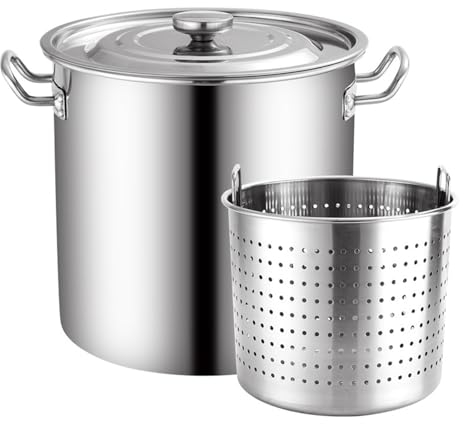 Rostfreier Stahl Meeresfrüchte Kochtopf, 50L Hochbelastbar Kochtopf Flusskrebse Hummer Kesseltopf Pute Fritteuse Topf Mit Dämpfkorb Zum Kochen Und Dämpfen (Silber)