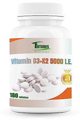 FUTURES NUTRITION 5000 I.E Vitamin D3 K2 Hochdosiert | Vegan | Beste Bioverfügbarkeit mit 99,7+% All-Trans Anteil | Nur 1 Tablette alle 5 Tage | Laborgeprüfte Reinheit | 180 Tabletten