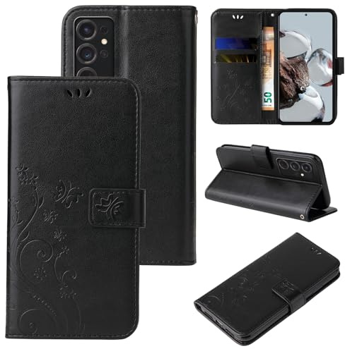 LBH Handy Hülle für Samsung Galaxy S24 Ultra Case Handytasche Schmetterling Blumen Flower Standfunktion Schutzhülle Magnet Rundum Schutz 360 Grad Flipcase Cover Schwarz