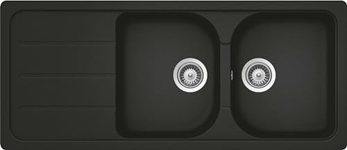 SCHOCK | Fregadero de cocina Formhaus D200 2 senos con escurridor, bañeras reversibles, material Cristalite®, negro, 1160 x 500 mm