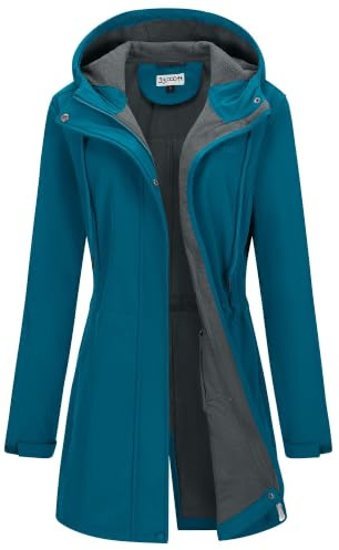 33,000ft Damen Leichte Wasserdichte Softshell Regenjacke Lange Funktionsjacke Übergangsjacke Windjacke Atmungsaktive Regenparka mit Kapuze Regenmantel für Wandern Laufen Sporten