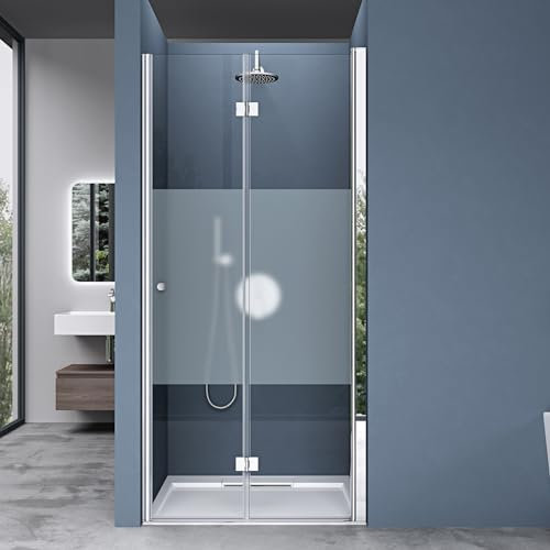 doporro Porte de douche pliable 90cm paroi de douche transparent avec bande opaque pliante pour niche Teramo26MS pare-douche rabattable montage réversible