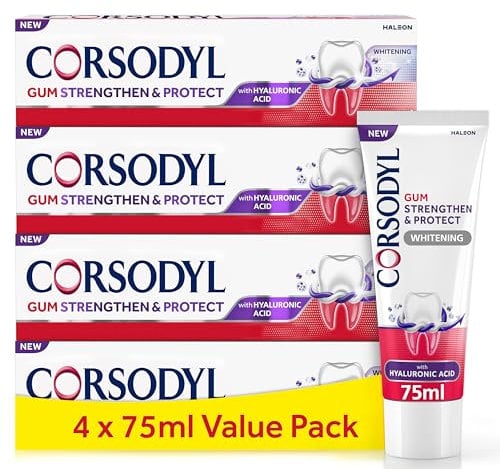 Corsodyl Toothpaste Multipack Gum Strengthen & Protect with Hyaluronic Acid, Whitening, 4 x 75ml