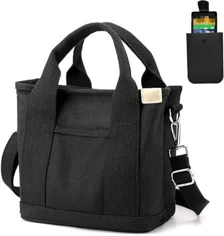 BUZIFU Handtasche Canvas Tasche Damen Handtasche Schultertasche Tote Bag Tote Crossbody Bag Abnehmbarer Schultergurt Shopper mit Reißverschluss für Alltag, Schule, Einkaufen, Arbeit, Reisen(Schwarz)