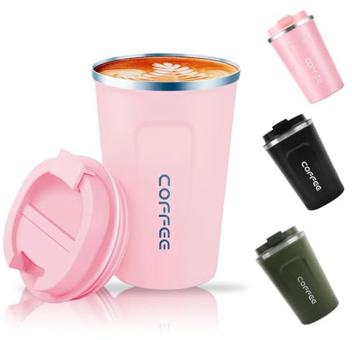 HZYUEKUN 380 ML Coffee Cup Mug Travel Mug with Leakproof Lid Stainless Steel Keep Warm Cold Insulation Protection Protable Reusable Cup Drink Coffee Water for Travel School Work(Pink)