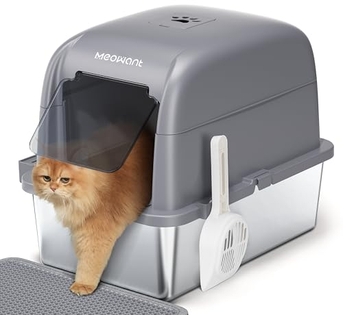 MeoWant Bac à Litière pour Chat en Acier Inoxydable, XXL Bac à Litière avec Pelle, Type Fermé en Forme de U Toilette, 81L Toilettes pour Chat Amovibles avec Boîte de Charbon Actif Cachée sur Dessus
