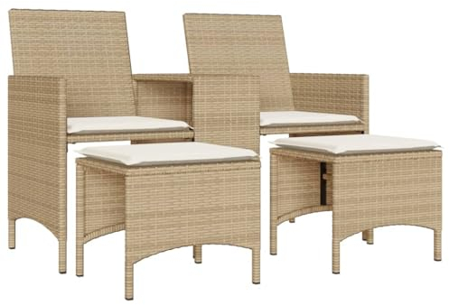 vidaXL Gartensofa 2-Sitzer, Gartenbank mit Tisch Hockern, Sitzbank für Garten Terrasse Balkon, Gartenmöbel Gartensessel, Beige Poly Rattan