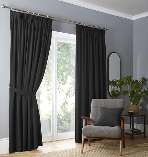 Fusion - Black Blackout Curtains W66 x L54 (168 x 137cm) - Pencil Pleat Curtains in Plain Black - 2x Panels - Thermal Curtains for Bedroom & Living Room - Pleated Curtains and Drapes in Black