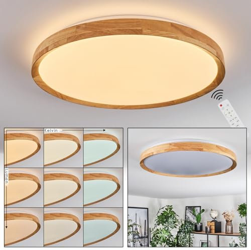 LED Deckenleuchte Sofo, Deckenpanel aus Metall/Kunststoff/Bambus in Weiß/Natur, dimmbare Leuchte im Boho-Design (Ø 50cm), Fernbedienung, Kelvin einstellbar CCT, 60 Watt, 6600 Lumen, 3000-6500 Kelvin