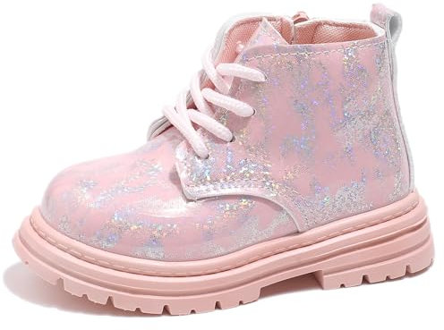 Happy Cherry Stivaletti Bambina Bambino Stivali Pelle Lucida Impermeabili Bimbo Bimba Eleganti Comode Scarpine Outdoor Suola Antiscivolo con Zip Laterale e Stringhe Rosa 25 EU
