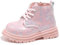 Happy Cherry Stivaletti Bambina Bambino Stivali Pelle Lucida Impermeabili Bimbo Bimba Eleganti Comode Scarpine Outdoor Suola Antiscivolo con Zip Laterale e Stringhe Rosa 25 EU