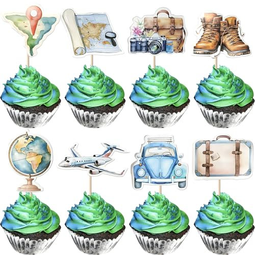 Xsstarmi 36 Pack Travel Theme Cupcake Toppers Double Sided Printing Map Transportation Bag Camera Cupcake Picks for Let The Adventure Begin Travel Theme Wedding Birthday Party Cake Decorations