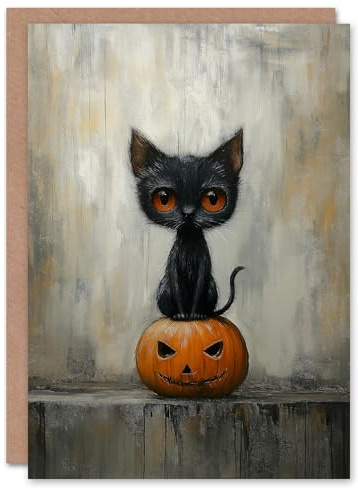Artery8 Greeting Card Creepy Cat on Carved Pumpkin Face Grunge Blank For All Halloween Card