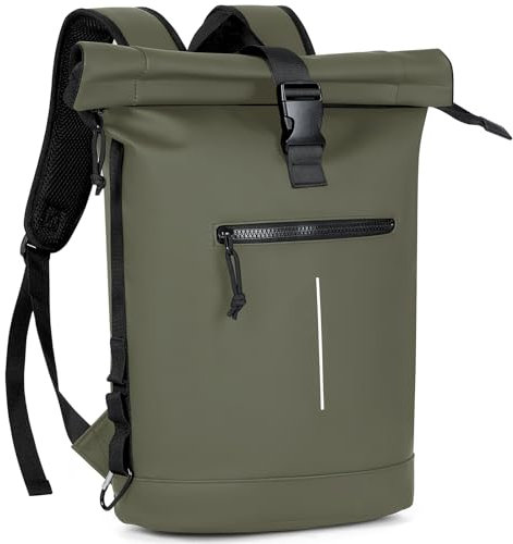 Lekeinchi Rolltop Rucksack Wasserdicht für Damen & Herren, Großer Laptop Rucksack mit Computerfach für 17 Zoll Laptop, Elegant Reiserucksack Daypack für Reisen, Radfahren, Uni Schule, Arbeit-Armeegrün
