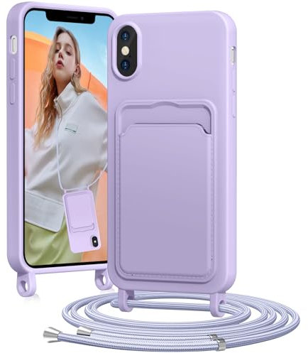 BENTIACC Handykette Silikon Hülle für iPhone X/XS mit Band, Handyhülle mit Kartenfach, Abnehmbar Kordel Kette, Stoßfeste Schutzhülle für iPhone X/XS (Lila)