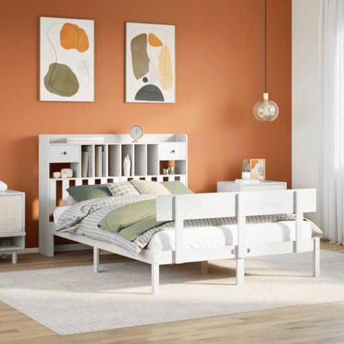 Iiaky Massivholzbett mit Regal ohne Matratze Bett Mit Stauraum Massivholzbett Holzbett Bettgestell Weiß 140x200 cm Kiefer // 3321835