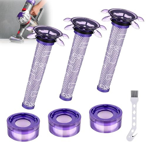 Lot de 3 filtres V8 pour Dyson, accessoires de rechange pour V8 Absolute Animal, SV10, SV11, SV25, SV37, 3 filtres HEPA post-moteur, 3 Star Pre Filter et 1 brosse de nettoyage, pièce n° 965661
