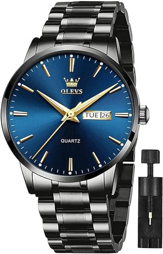 OLEVS Herren-Armbanduhr, Edelstahl, wasserdicht, Datum, analog, Quarzuhr, klassisches Luxuskleid, leuchtendes Gold/Schwarz/Blau/Weiß, Zifferblatt für Herren, G6898: schwarzes Armband und blaues