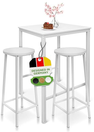 BeFair Bartisch Set Weiß - Stehtisch mit 2 Barhockern - Hochtisch mit Barstühlen - Tisch 60x60x100 cm, Hocker 70 cm Höhe für Küche
