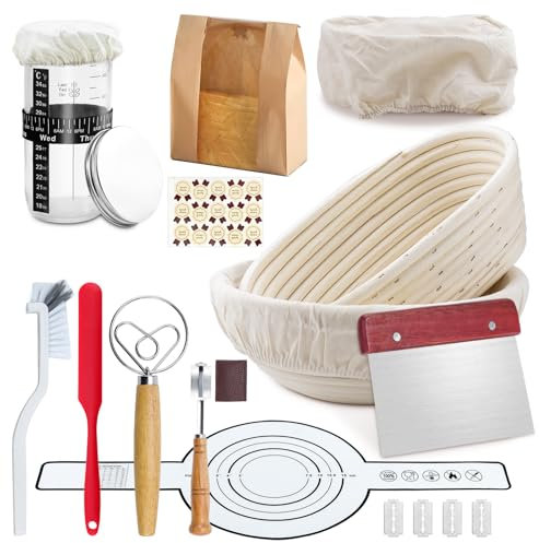 Aischens Komplettes Sauerteig-Starter-Set mit 12 Teilen:10-Zoll ovaler & 9-Zoll runder Brotkorb,Silikon-Brotschlinge,Hefe-Treibmittel-Glas,Teigmischer,Schüsselschaber & Teigschaber-Set