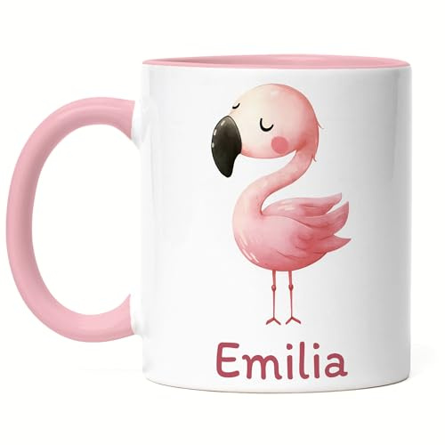 Kiddle-Design Kindertasse mit Namen Personalisiert, Personalisierte Tasse Kinder mit Flamingo, Namenstasse Flamingotasse, Kinderbecher als Geschenk zur Geburt, Taufe Weihnachten - Tasse Rosa