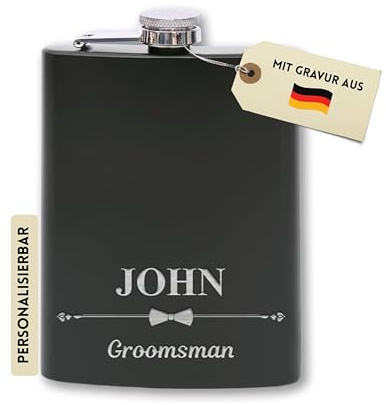 Flanacom Flachmann mit Gravur aus Edelstahl inkl. Trichter 227ml / 8oz Hochzeit Trauzeuge Alkohol Geschenke für Männer Flachmann Personalisiert mit Wunschgravur (Design 1, 8 Oz Schwarz)