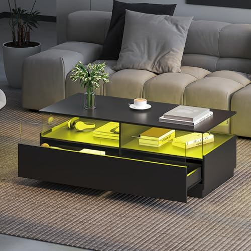 KEEPREAPER Couchtisch Wohnzimmertisch mit LED und 2 Acryltüren-Schubladen | Beistelltisch für Wohnzimmer 108 x 50 x 40 cm Schwarz