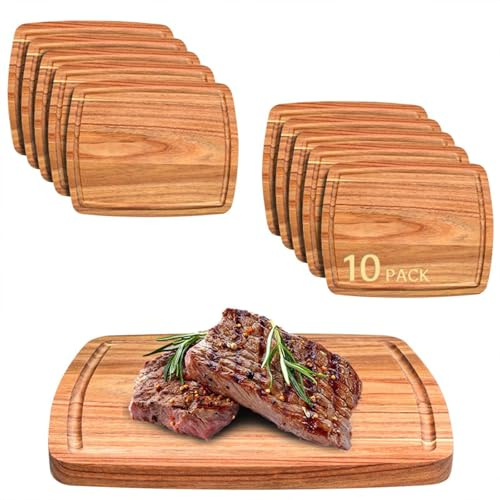 10er Set Schneidebrett Akazienholz, 20 x 25cm Holz Schneidebretter für Küche, Akazie Servierbrett mit Saftgraben für Fleisch Käse Gemüse Pizza Brot Obst