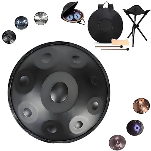 Handpan Instrument 9/10/12 Töne- 22 Zoll Stahl Zungentrommel In D-Moll Kurd 440 HZ Handpan Trommel Für Yoga, Meditation Mit Handtaschen Trommelstöcken, Trommelständer(Schwarz,440hz 10 Notes)