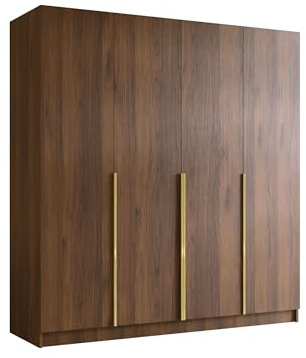 Mirjan24 Kleiderschrank mit Einlegeböden und Kleiderstange Salkor I, Vielseitiger Drehtürenschrank, Elegantes Kleiderschrank 4-türig (Nuss Warmia + Gold)