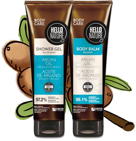 Naturkosmetik Arganöl Körperpflege Set - Duschgel & Body Balm mit marokkanischem Arganöl, vegan & Silikonfrei - Feuchtigkeitsspendende Körperpflege für geschmeidige Haut - Pflege für trockene Haut