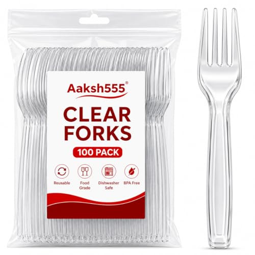 AAKSH555|100 Pcs | Re-usable Clear Forks |Dishwasher Safe| Washable Heavy Duty for Soup and Dessert | Picnics, BBQ's, Camping, Everyday Use.