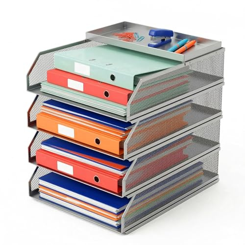 Relaxdays Briefablage, Metall, A4, 4 Fächer, HxBxT: 31 x 25 x 32 cm, Schreibtisch Organizer, Büro Ablagefächer, Silber