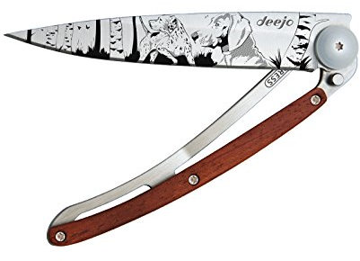 Deejo Taschenmesser NATURE JAGDHUND, 37 g, Stahl AISI 420, Liner-Lock, Rosenholz, Gürtelclip, Deejo-Box