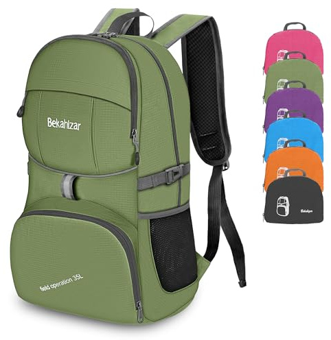 Bekahizar Lightweight Foldable Backpack 35L Hiking Rucksack Daypack Packable Travel Day Bag for Men Women Teens Outdoor Sports Walking Camping Travelling Cycling (Green)