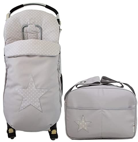 Set Universal Fußsack für Kinderwagen oder Buggy+Universal Kinderwagentaschen. Verfügbar in mehrere Modelle und Farbene. (Star Grau)