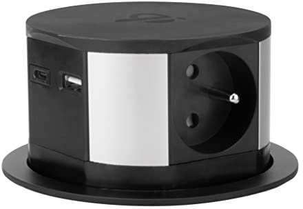 Otio, Bloc Multiprise Encastrable 3 Prises 16A + 2 Ports USB (USB-C) et Chargeur Induction 10W - Noir - Câble 1,5m - Diamètre Perçage Ø10cm - Hauteur Déplié 6cm - Design Compact et Élégant