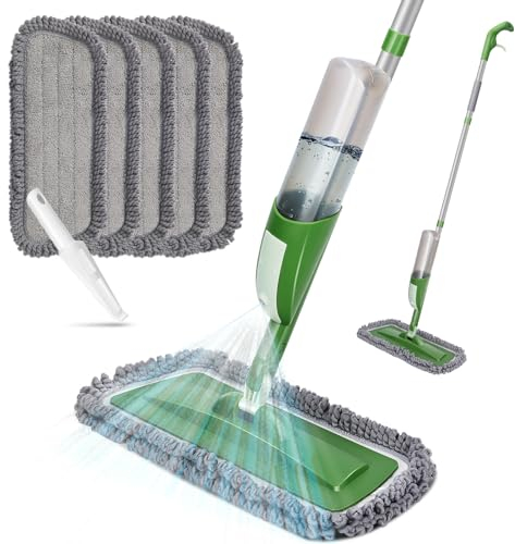 Myiosus Sprühmopp für Böden, Mikrofaser-Flachmopp mit 5 waschbaren Pads & 550 ml nachfüllbarer Flasche, Wassersprühbodenreiniger, trockener Nassmopp zur Reinigung von Fliesen, Hartholz, Laminatböden