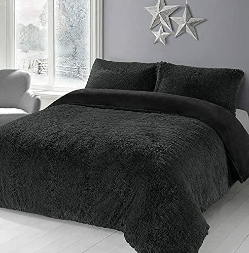 NIGHTZONE Luxury Teddy Bear Fleece Long Fur Cuddles Alaska Duvet Cover Set Warm Cosy Soft Teddy Bedding Set (Alaska Black, Double)