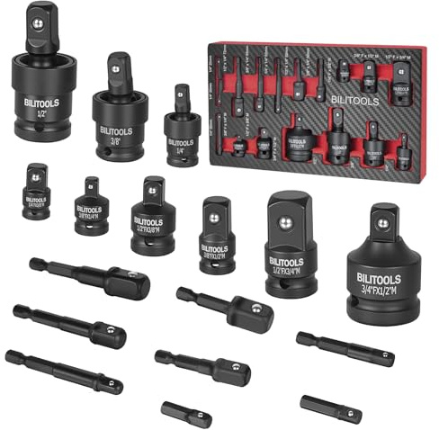 BILITOOLS Adaptateur Cliquet 17 pcs, Adaptateur Douille pour Clé à Choc | Réducteur Cliquet, Rallonges, Joints Universels, Adaptateur pour Douille 1/4 3/8 1/2 3/4 pour Perceuse et Cliquet