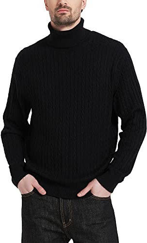 Kallspin Men's Wool Blended Turtle Neck Pullover Sweater Long Sleeve Cable Knit Jumper (Black, XL-Tall)