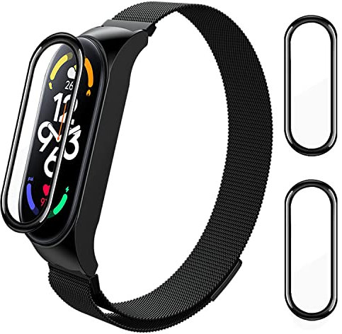 ASDONAL Bracelet Acier Compatible avec Xiaomi Mi Band 7 et NFC - Bracelet Métal Magnétique de Remplacement avec 2 Protections d'Écran (Noir)