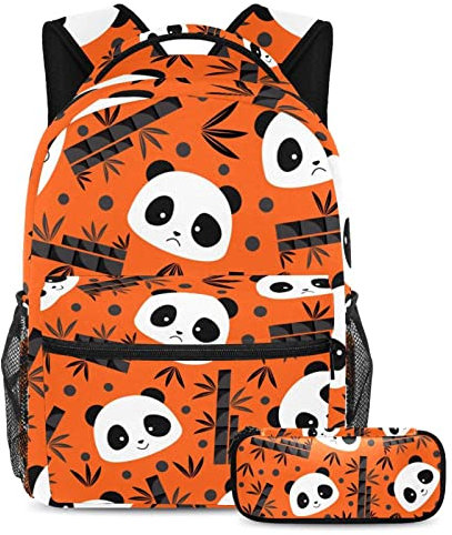 Büchertasche mit Federmäppchen, leichter Rucksack, Laptop, Tagesrucksack für Teenager, Jungen, Mädchen, Panda-Kopf und Bambus, mehrfarbig