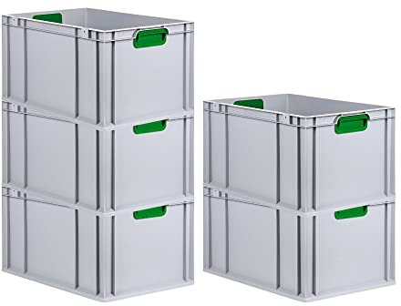 PROREGAL SuperSparSet 5x Eurobox NextGen Color | HxBxT 32x40x60cm | 65 Liter | Griffe grün geschlossen | Verstärkter Boden | Eurobehälter, Transportbox, Transportbehälter, Stapelbehälter